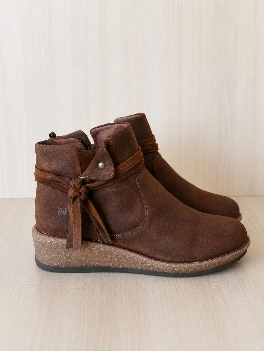 Born Brown Leather Ankle Boots Women’s Wedge Wrap Tie Boho Western Booties